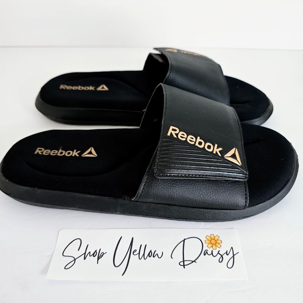 Reebok Womens Slide Sandals Black Gold Comfort Athleisure Sporty Gym Pool Casual